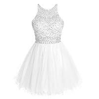 Women's Scoop Beaded Prom Dresses Short Homecoming Party Gown A Line Tulle