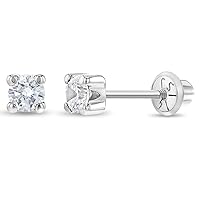 14k White Gold Girl's Clear Cubic Zirconia Prong Set Solitaire Screw Back Earring Studs - Small Elegant Round Screw Back Earring Set for Infants and Toddlers