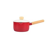 1.4L red milk pan with lid baby baby food supplement pan frying steaming non-stick pan household small porridge instant noodle hot milk pan(Size: 6.3 inches long x 3.3 inches high)