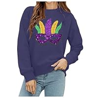 Women's Mardi Gras Shirts O-Neck Long Sleeve Printed Top Solid Color Hoodie Outfit Sweatshirt, S-3XL