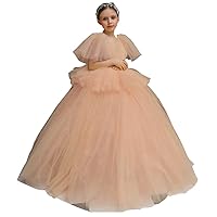 Girl's Puff Sleeves Flower Girl Dresses Tulle Layers First Communion Dresses Apricot Pink