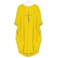 Women's Faith Oversize Baggy Long Sleeve T Shirt Causal Loose Midi Dresses with Pockets