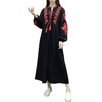 IDOPIP Women's Embroidered Mexican Dress Long Sleeve Boho Floral Embroidery Maxi Summer Casual Peasant Traditional Dresses