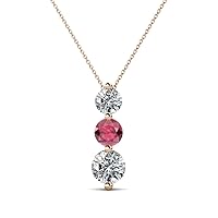 Round Rhodolite Garnet Diamond 1 ctw Graduated Three Stone Drop Pendant 16 Inches Chain 14K Gold