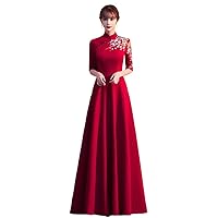 Dress Spring Autumn Solid Color Embroidery Cheongsam Stand-up Five-Point Sleeve Skirt Slim Women's Clothing