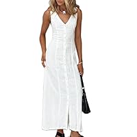 Womens Summer Casual Maxi Dress Bodycon V-Neck Sleeveless Tank Midi Dress Button Down Flowy Long Dresses Beachwear