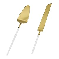 Koyal Wholesale Modern Wedding Cake Knife And Server Set - 2-Piece Gold Cake Cutter & Server With White Handle