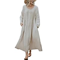 Women Solid Cotton Linen Maxi Dress with Pocket Plus Size Pleat Crewneck Loose Long Dress Summer Boho Beach Sundress
