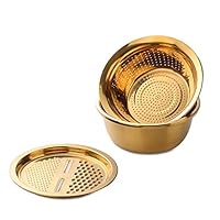 Meisha Colander, 3Pcs Stainless Steel Kitchen Tool 3 in 1 Drain Basket Fruit and Vegetable Cutter Strainer Bowl Set Drain Pot Basket Grater for Fruits Vegetables Rice Washing Mixing - Gold