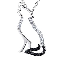 Indi Gold & Diamond Crystal Wolf Pendant Necklace For Women's Round Cut Created White & Black Diamond 925 Sterling Silver 14k White Gold Finish