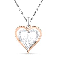 0.12 CT Round Cut Created Diamond Two Tone Heart With Heartbeat Pendant Necklace 14K Gold Over