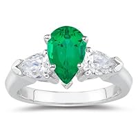0.20 Cts Diamond & 0.60 Cts of 7x5 mm AAA Pear Natural Emerald Three Stone Ring in 18K White Gold