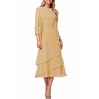 Sheath/Column Elegant Mother of The Bride Dress Jewel Neck 3/4 Length Sleeve Tea Length Wedding Guest Dress 2024