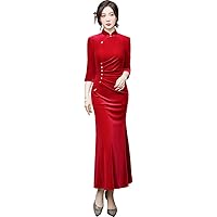Mermaid Velvet Fishtail Chinese Style Women's Long Cheongsam Dress Retro Gown Qipao