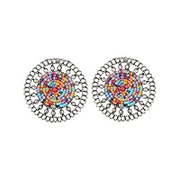 Indian Traditional with Bollywood Style Touch ` Stylish Antique Finish Multi Colour Embroidery Elegant oxidised Stud Earrings for Women and Girls By Indian Collectible