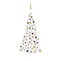 'vidaXL White Artificial Half Christmas Tree with LEDs and Ornament Ball Set - Eco-Friendly, Space Saving, Wall Placement, Festive Decor, Gold and Bronze Accents, 82.7