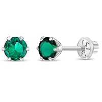 14k White Gold 4mm Baby Girl's Round Simulated Birthstone Prong Setting Screw Backs for Infants & Toddlers - Elegant Round Stud Cubic Zirconia Earrings For a Girls Birthday