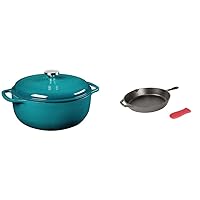 Lodge EC6D38 Enameled Cast Iron Dutch Oven, 6-Quart, Lagoon & Cast Iron Skillet with Red Silicone Hot Handle Holder, 12-inch