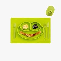 ezpz Happy Collection Set (Lime) - 100% Silicone Cup + Straw, Fork, Spoon, Training Knife & Happy Mat Suction Plate with Built-in Placemat for Toddlers + Preschoolers - Self-Feeding - 24 Months+