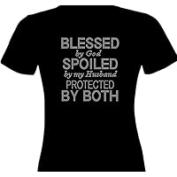 Blessed by God Spoiled by My Husband Protected by Both Rhinestone Transfer Bling Iron on for Shirt