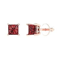 0.44cttw Princess Cut Solitaire Genuine Natural Scarlet Red Garnet Unisex Stud Designer Earrings 14k Rose Gold Screw Back