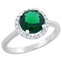 Sterling Silver Round Emerald Ring Halo CZ Rhodium Finish, 7/16 inch Wide, Sizes 6-9