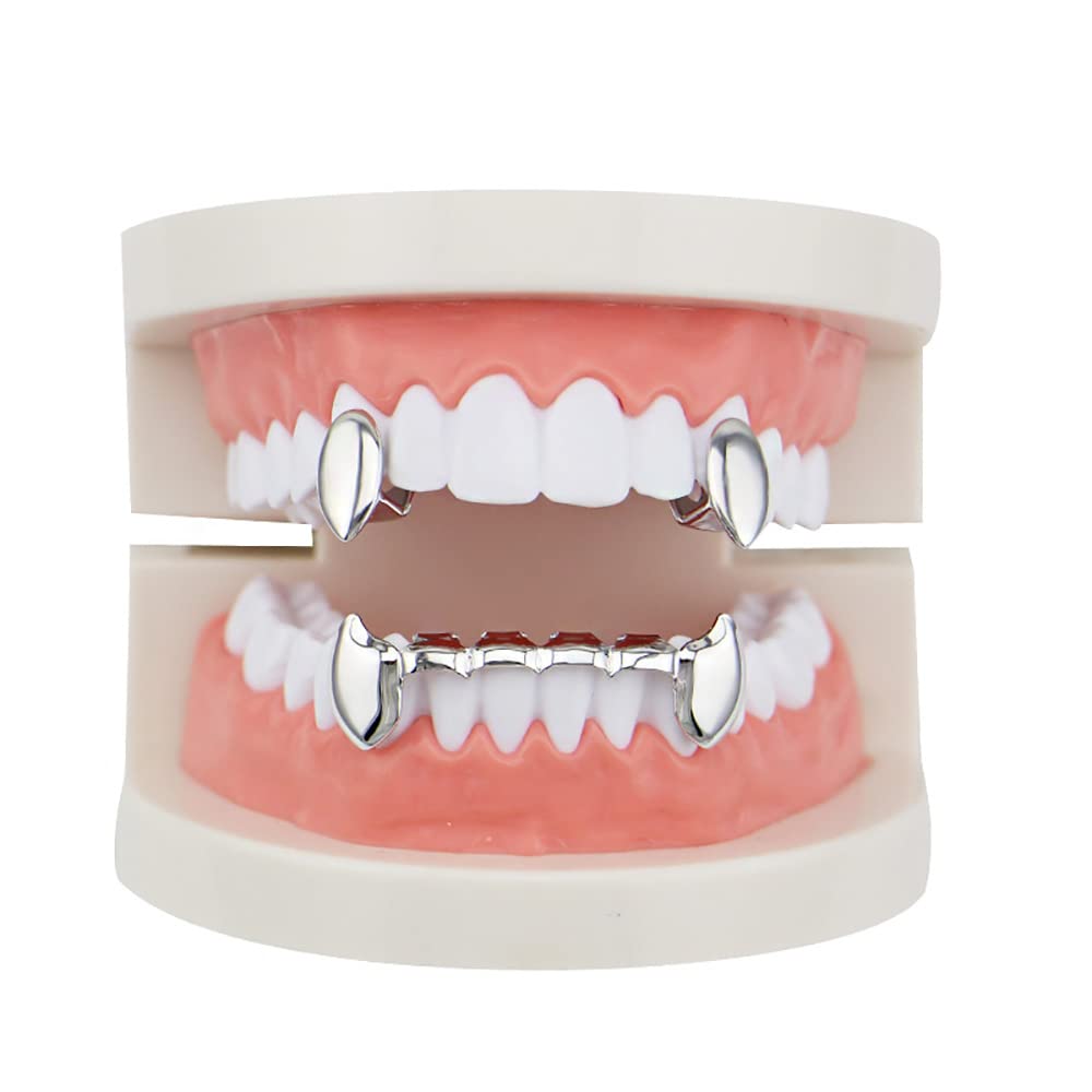 Retzjorv 18K Gold Plated Hip Hop Teeth Grillz Caps 2pc Single Fangs and 6 Bottom Grillz Set for Your Teeth Grills for Men Women Rapper Accessory
