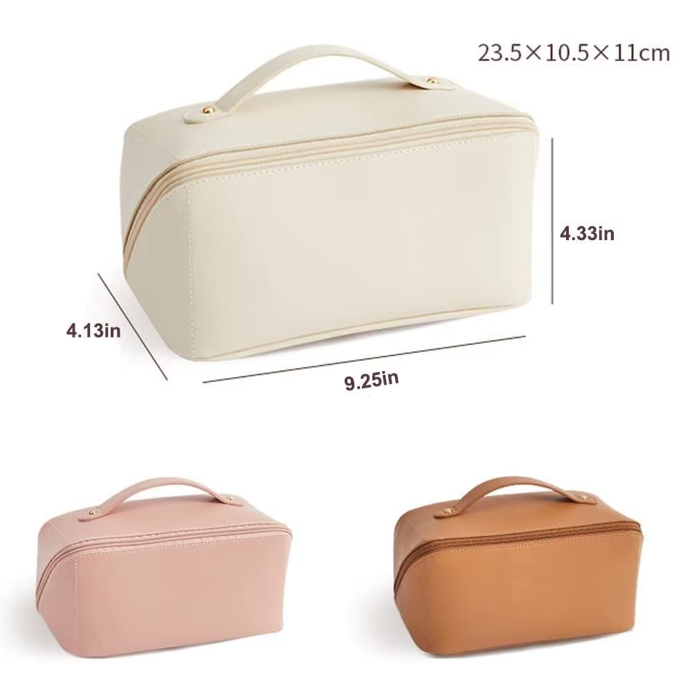 UNDIFY Large-Capacity Travel Leather Makeup Bag Cosmetic Bag Waterproof Portable Makeup Case Organizer Toiletry Bag Makeup Box for Skincare Cosmetics Toiletries with Handle and Divider White