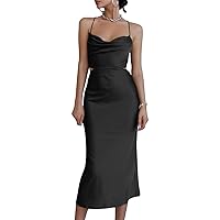 LYANER Women's Satin Cowl Neck Straps Slip Sexy Cut Out Cocktail Midi Dress