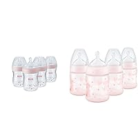 NUK Simply Natural Baby Bottle with SafeTemp, 5 oz, 4 Pack, Pink Hearts & Smooth Flow Anti Colic Baby Bottle, 5 oz, 4 Pack, Pink Bunnies,4 Count (Pack of 1)