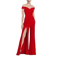 VeraQueen Women's Red Satin Jumpsuits Prom Dresses Off The Shoulder Sexy Split Formal Evening Gowns