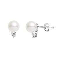 14k White Gold AAAA Quality Japanese White Akoya Cultured Pearl Diamond Stud Earrings for Women - PremiumPearl