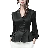 Womens Black Satin Blouse with Chiffon Long Sleeve V-Neck Button-Down Shirt Autumn Vintage Female Tops