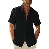 Mens Casual Linen Button Down Short Sleeve Shirts Beach Summer Spread Collar Pocket Tops