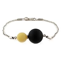 Black & White Amber Round Beads Chain Bracelet Sterling Silver, Genuine Baltic Amber.