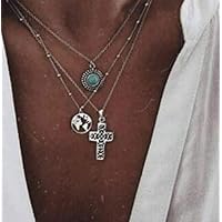 Three-layer necklace Cross world map turquoise combination