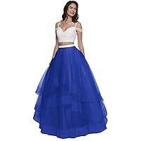 Women's Two Pieces Long Homecoming Dress Off Shoulder Ruffle Prom Gowns Tulle