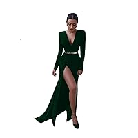 Women's Long Sleeves Deep V-Neck Satin High Slits Ball Gowns Mermaid Long Evening Dress Dark Green