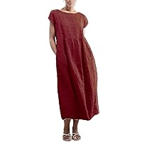 2024 Women Summer Cotton Linen Dress Cap Sleeve Crewneck Long Dresses Flowy Boho Loose Baggy Dress with Pockets