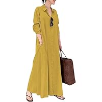 Women's Basic Loose Fit Long Sleeve Button Up Maxi Shirt Dress with Pockets