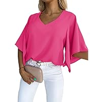 SHEWIN Women's Blouses Casual V Neck Ruffle Short Sleeve Summer Tops Shirts
