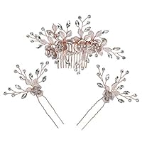 Beautiful Floral Rose Gold Wedding Hair Comb With Clear Crystal Side Bridal Comb with 2 Hair Pins, Hair Sticks