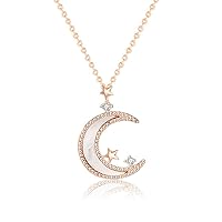 Mother of Shell Crescent Moon CZ Stars Necklace Crafted with Created Diamond 18K Yellow Gold Electroplating and Real Solid 925 Sterling Silver.