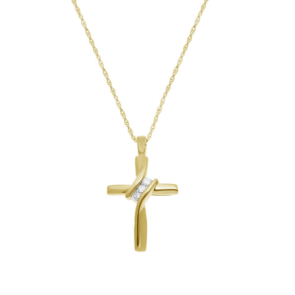 GILDED Small 10 Karat Yellow Gold Natural Round-Cut Diamond Accent 3 Stone Cross Pendant with an 18 Inch Chain
