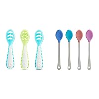 Munchkin® Gentle Dip™ Multistage First Spoon Set for Baby Led Weaning, Self Feeding, Solids & Purees, 3 Pack, Blue/Green & White Hot® Safety Baby Spoons, 4 Pack