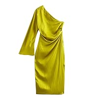 Women Elegant Yellow Asymmetrical Dress with One Sleeves Lady Summer Shoulder Long Robe