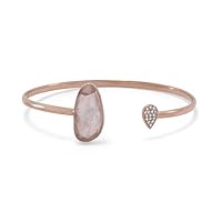 14k Rose Gld Plated 925 Sterling Silver Rose Quartz and CZ Cuff Bracelet 1.2mm Pave CZs on Opposite Sid Jewelry for Women