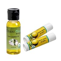 100% Pure Organic Jojoba Oil. Travel Size 1 oz plus 2 Pack Organic Lemon Lip Balms with over 70% Jojoba Oil. 100% Natural. By Desert Oasis Skincare (1 fl oz/29 ml)