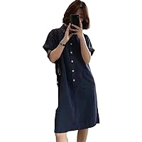 Women T-Shirt Dress Retro Polo Collar Shift Dress Cotton Linen Short-Sleeved Mid Shirt Dress