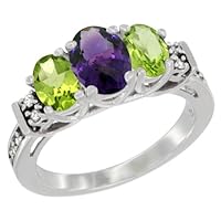 10K White Gold Ladies Oval Natural Amethyst 3-Stone Ring with Peridot Sides Diamond Accent
